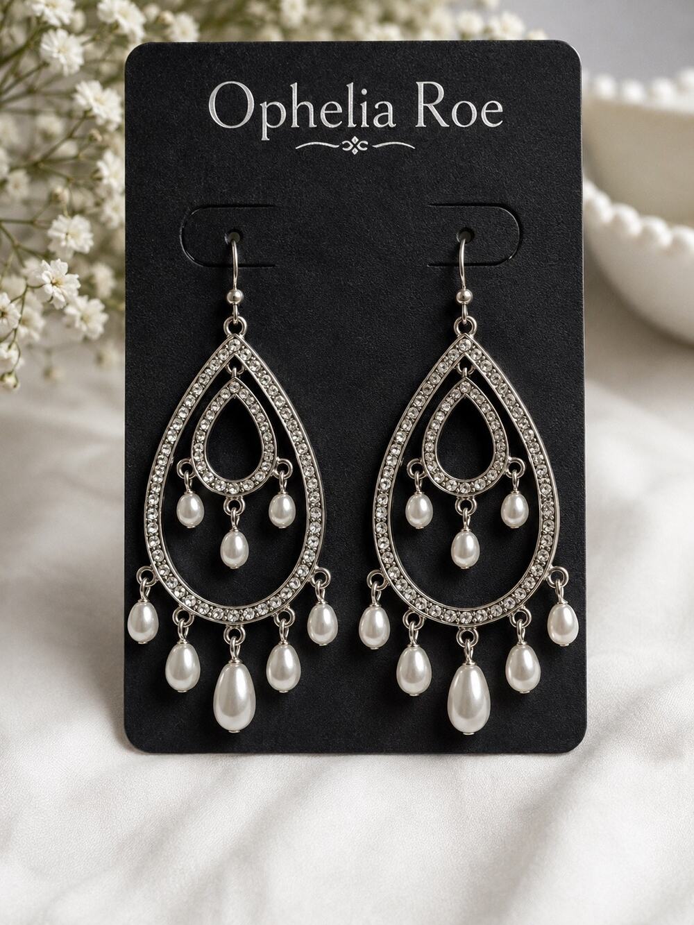 NWT Ophelia Roe Silver Rhinestone Teardrop Chandelier Earrings Pearl Dangle